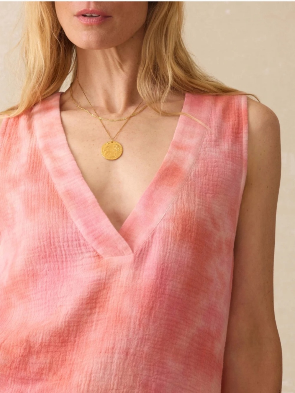 Faherty Dune Cotton Gauze Sleevless Popover - Coral Skies Tie Dye - M